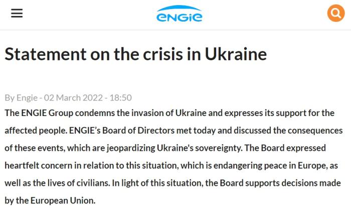 法国Engie公司2022年3月曾就乌克兰局势发表声明，表达对乌支持。图片来源：Engie公司官网截图