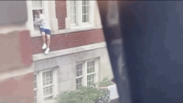 惊恐万分的学生从一楼窗户跳下以躲避枪击。