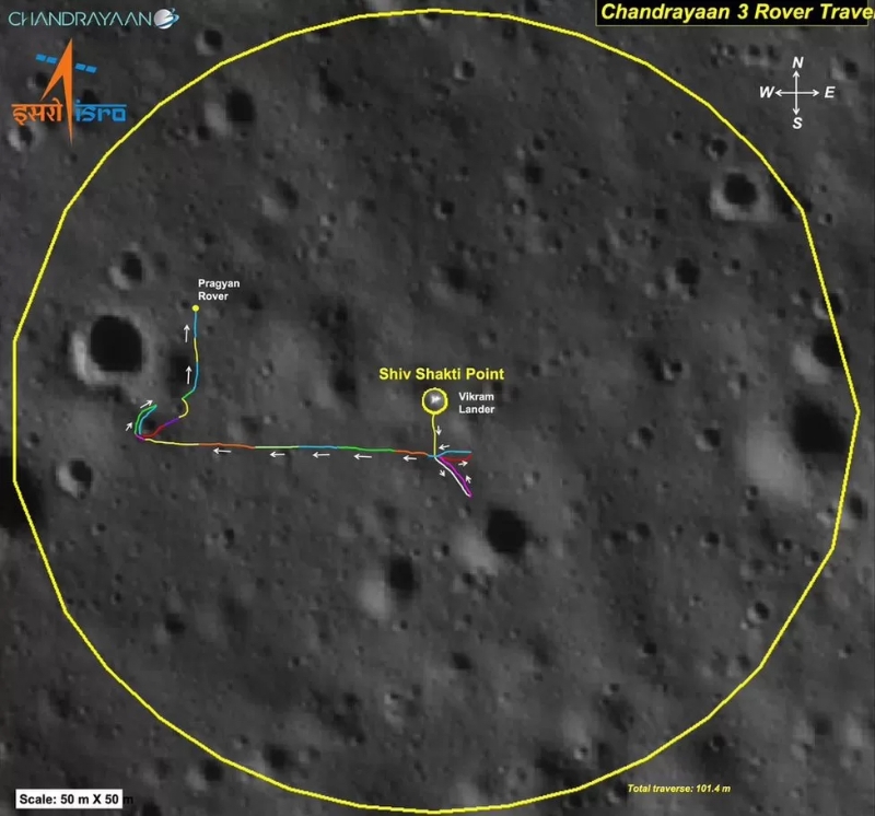 「月船3号」的月球车「普拉吉安」（Pragyaan）在月球表面行驶了100多米。