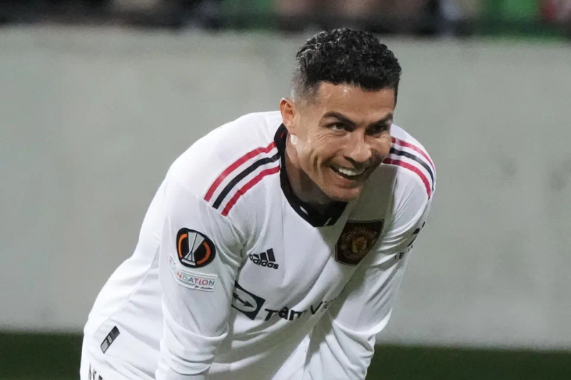 Manchester United's Cristiano Ronaldo smiles during the Europa League, group E soccer match between Sheriff Tiraspol and Manchester United at the Zimbru stadium, in Chisinau, Moldova, Thursday, Sept. 15, 2022. (AP Photo/Sergei Grits)