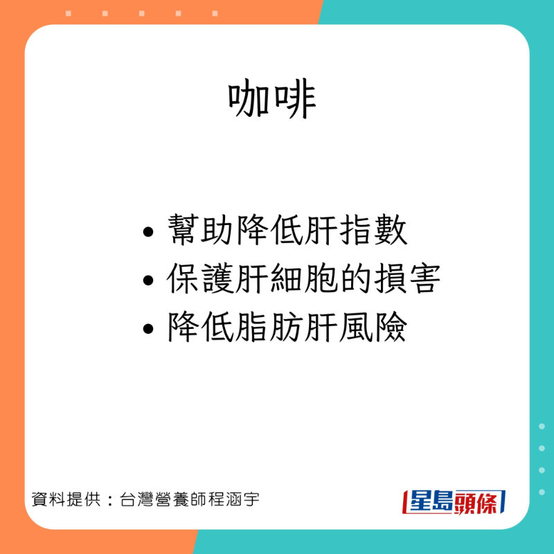 台灣營養師程涵宇分享10款有助消除脂肪肝的食物。