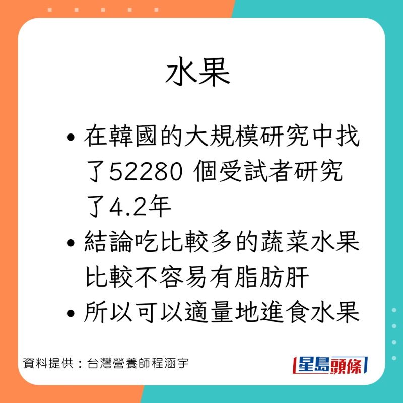 台灣營養師程涵宇分享10款有助消除脂肪肝的食物。