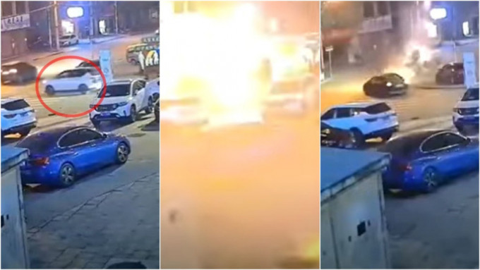 湖南私家车行驶中突爆炸，车上疑藏易爆物品酿祸。 网片截图