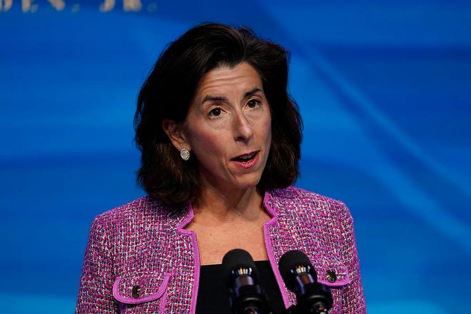 Rhode Island Gov. Gina Raimondo speaks in Wilmington, Delaware, on Friday after President-elect Joe Biden announced her as his pick for commerce secretary.