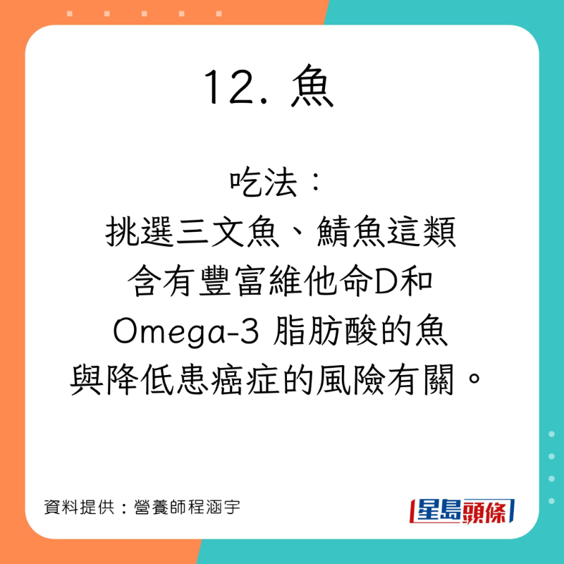 營養師程涵宇分享有助減低患癌風險的食物。