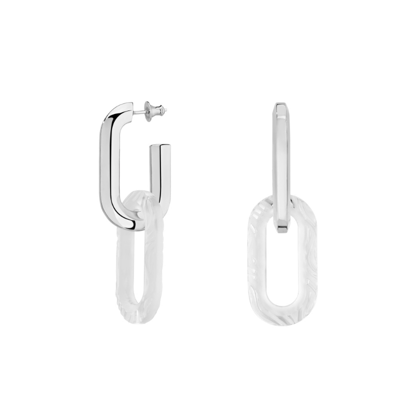 这款Empreinte Animale银色金属配以白色水晶环扣设计的耳环/售价待定，简单却富时代感。
