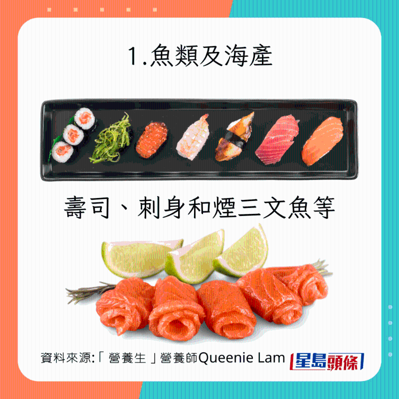  生冷食物种类：鱼类及海产 寿司、刺身、烟三文鱼