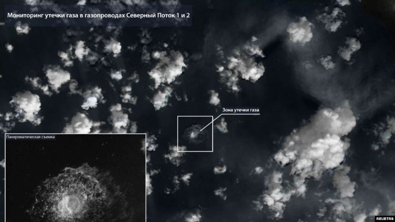 衛星照片顯示波羅的海事故發生後北溪天然氣管道內的氣體泡沫冒出海面。路透