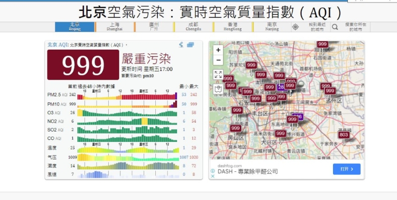 監察數據顯示北京嚴重污染。