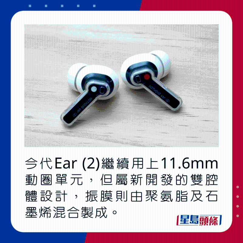 今代Ear (2)繼續用上11.6mm動圈單元，但屬新開發的雙腔體設計，振膜則由聚氨脂及石墨烯混合製成。