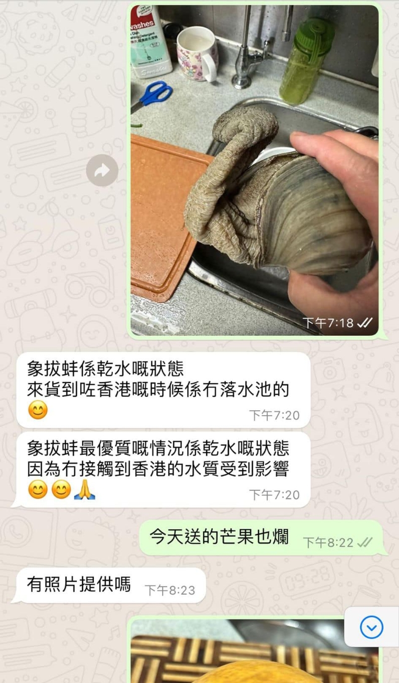 店方指干水状态的象拔蚌未受香港水质影响，是为最优质