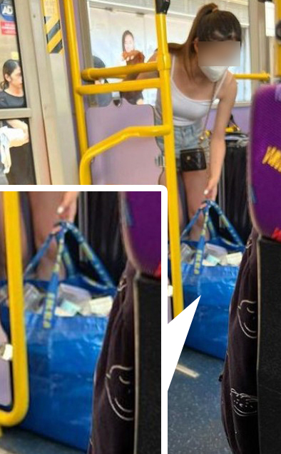 少女在巴士上整理大堆避孕套，购物袋放在地上。