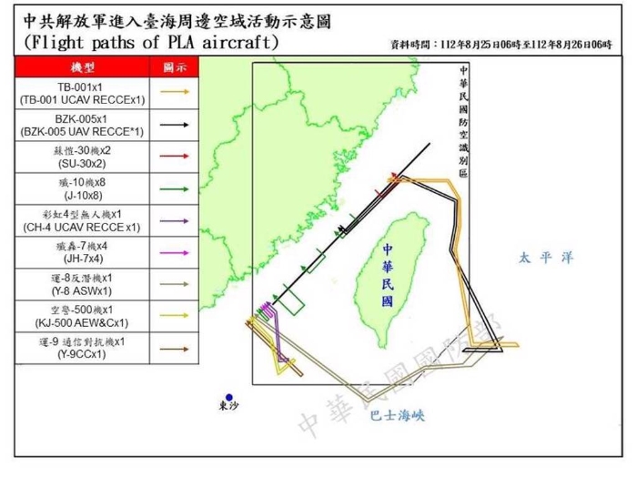 台湾防务部门公布的解放军战机飞行情况。