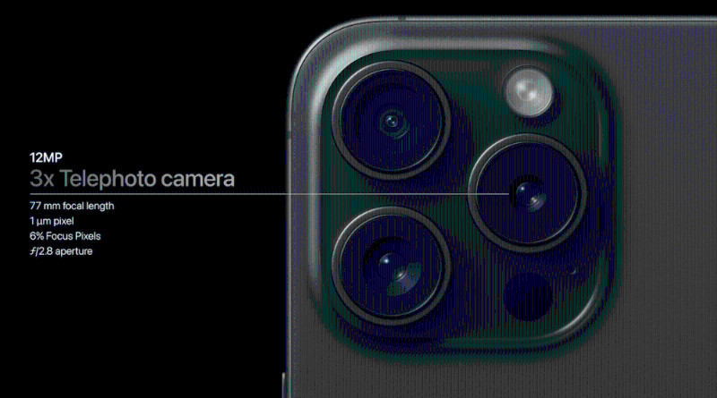 iPhone 15 Pro沿用12MP的3倍光学变焦镜。