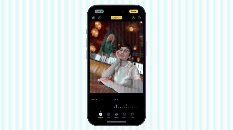 iPhone 15及iPhone 15 Plus广角主镜可以自动侦测开启人像拍摄，并可在拍摄后再调校焦距。