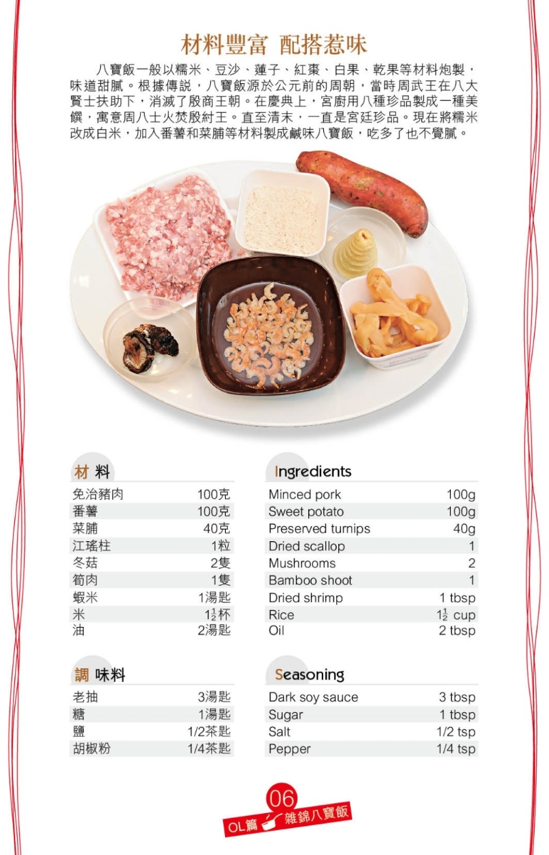 免治猪肉加腌料拌匀，将菜脯、干瑶柱、冬菇及虾米浸软及切幼粒