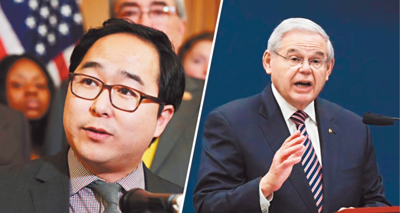 新泽西州的联邦参议员曼伦迪兹（右）因涉贪腐而面对起诉后，同样来自新州的韩裔联邦众议员金安迪（左）宣布将会角逐党内提名取代其位置。 合并图片
