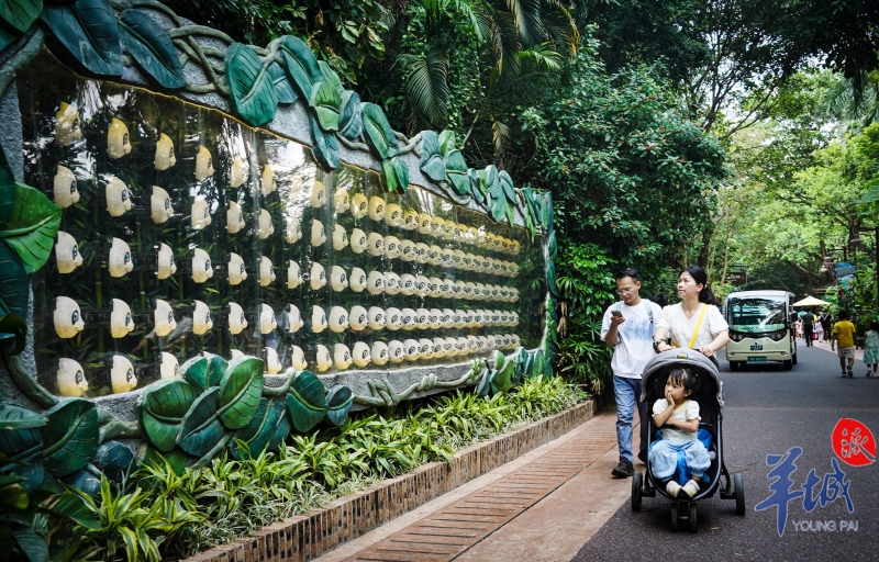 家长带着孩子在长隆野生动物园里游玩。