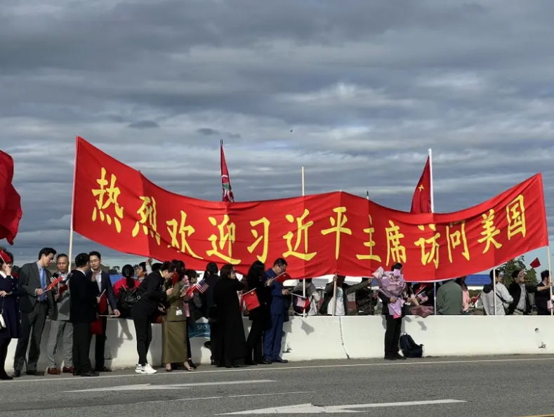 侨胞机场挥五星红旗，迎接习近平主席