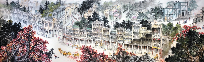 22米长卷《西关印记》由书画名家朱永成、马建忠、李卓琪联袂完成，图中部分展示了恩宁路骑楼街风情。