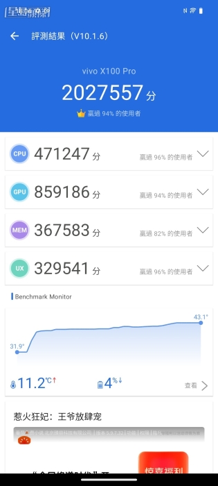 X100 Pro在《安兔兔v10》跑出2,027,557分成绩。