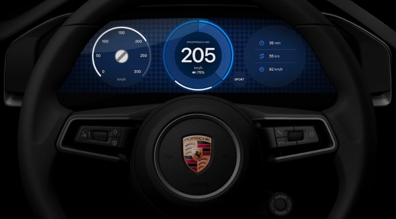 应用新CarPlay后，数码仪錶板会显示出保时捷经典3环设计。
