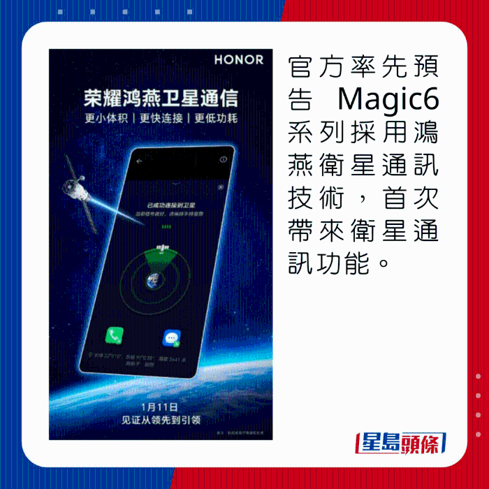 官方率先预告Magic6系列採用鸿燕卫星通讯技术，首次带来卫星通讯功能。