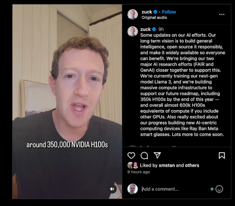 Meta行政总裁朱克伯格（Mark Zuckerberg）昨日再次于IG发布视频表态，计划今年向NVIDIA购入35万个H100芯片GPU，以将AI技术应用到产品中。