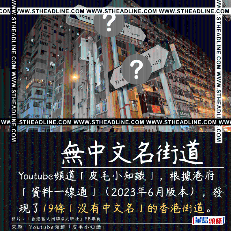 Youtube频道「皮毛小知识」，根据港府「资料一线通」（2023年6月版本），发现了19条「没有中文名」的香港街道。