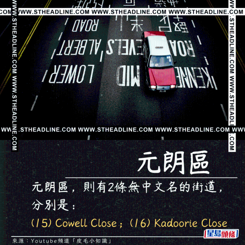 元朗区则有2条无中文名的街道，分别是：（15） Cowell Close; (16) Kadoorie Close