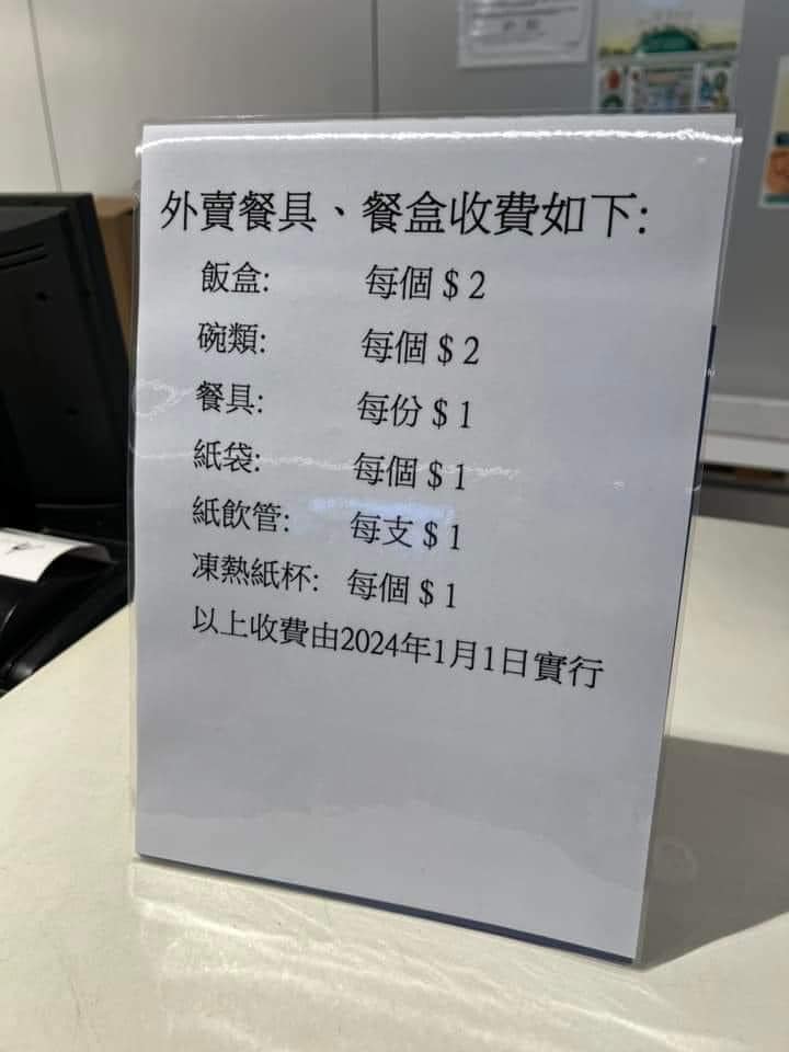 早前网上流传一张照片，相内见到外卖餐具、餐合的收费：饭盒每个2元，碗类每个2元，餐具每份1元，纸袋每个1元，纸饮管支1元，冻热纸杯每个1元。 网络图片