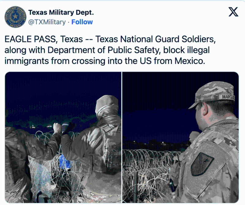 德州军事部周二发布了士兵在伊格尔帕斯安装更多铁丝网的照。