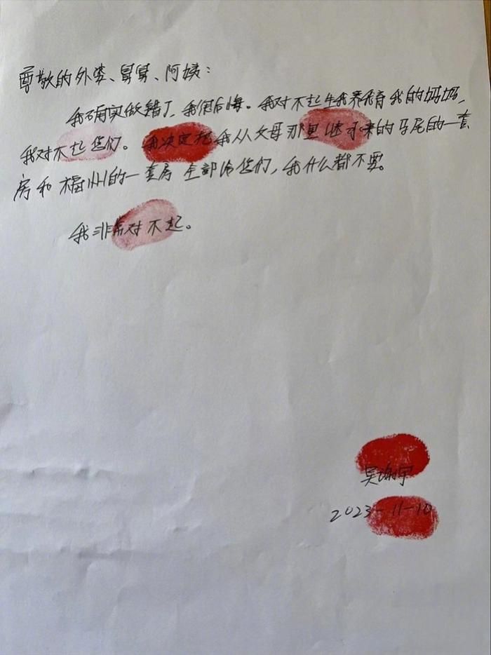 吴谢宇手写道歉信。