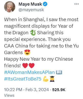 梅耶祝贺中国朋友新年快乐。 （平台“X”）