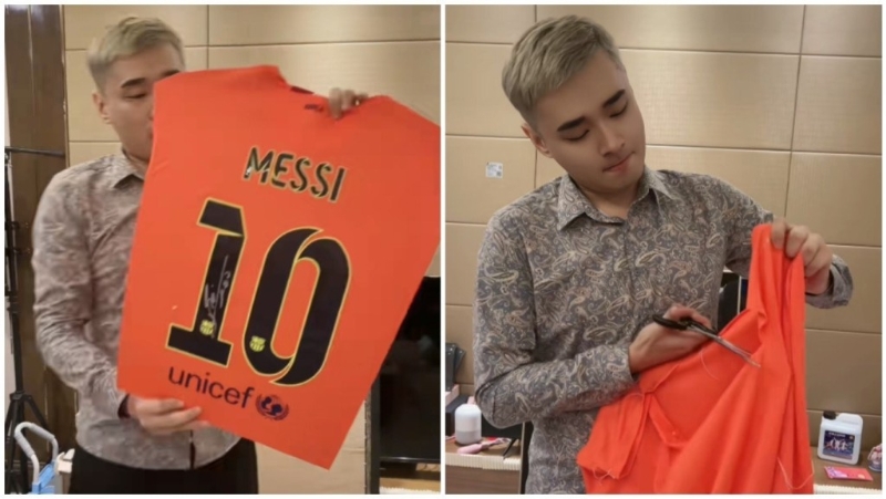 内地球迷怒剪价值数万人民币的梅西签名球衣。