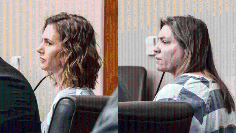弗兰克（Ruby Franke，左）与商业伙伴希尔德布兰特2月20日出席刑期审讯。 美联社