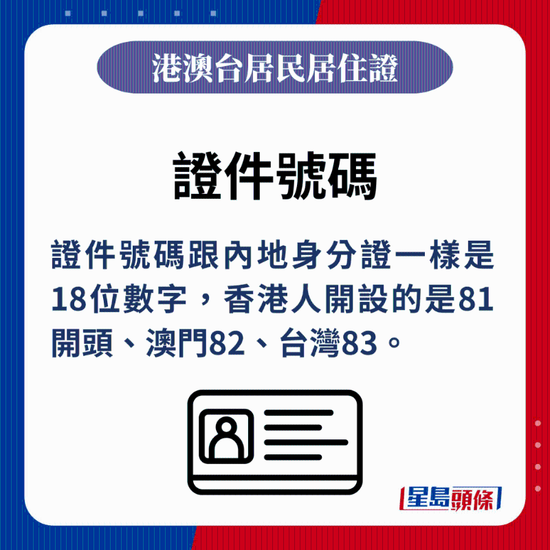 证件号码跟内地身份证一样是18位数字，香港人开设的是81开头、澳门82、台湾83。