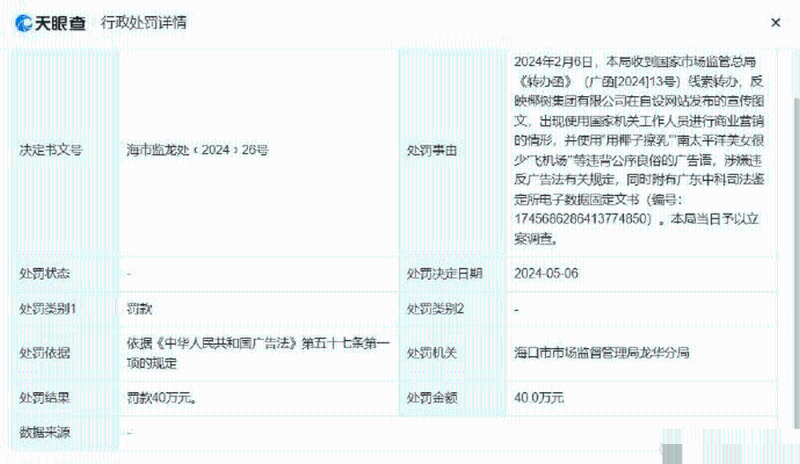 椰树牌广告称“用椰汁擦乳可丰胸”，被市监局罚款¥40万。