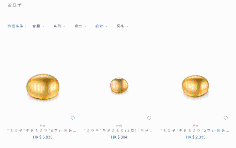 以六福出售的“金豆子”为例，1克、3克及5克售价为804元、2,313元及3,833元。