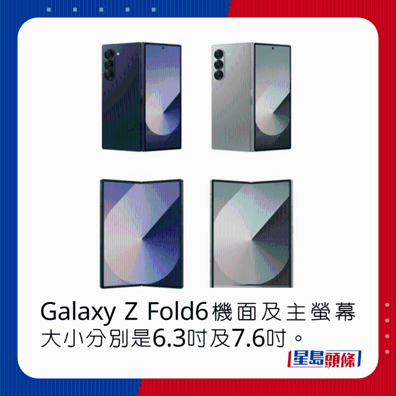 Galaxy Z Fold6机面及主屏幕大小分别是6.3吋及7.6吋。