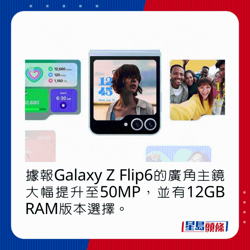 据报Galaxy Z Flip6的广角主镜大幅提升至50MP，并有12GB RAM版本选择。