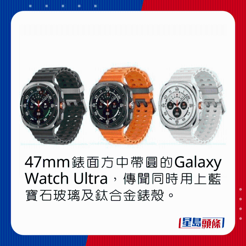 47mm表面方中带圆的Galaxy Watch Ultra，传闻同时用上蓝宝石玻璃及钛合金表壳。