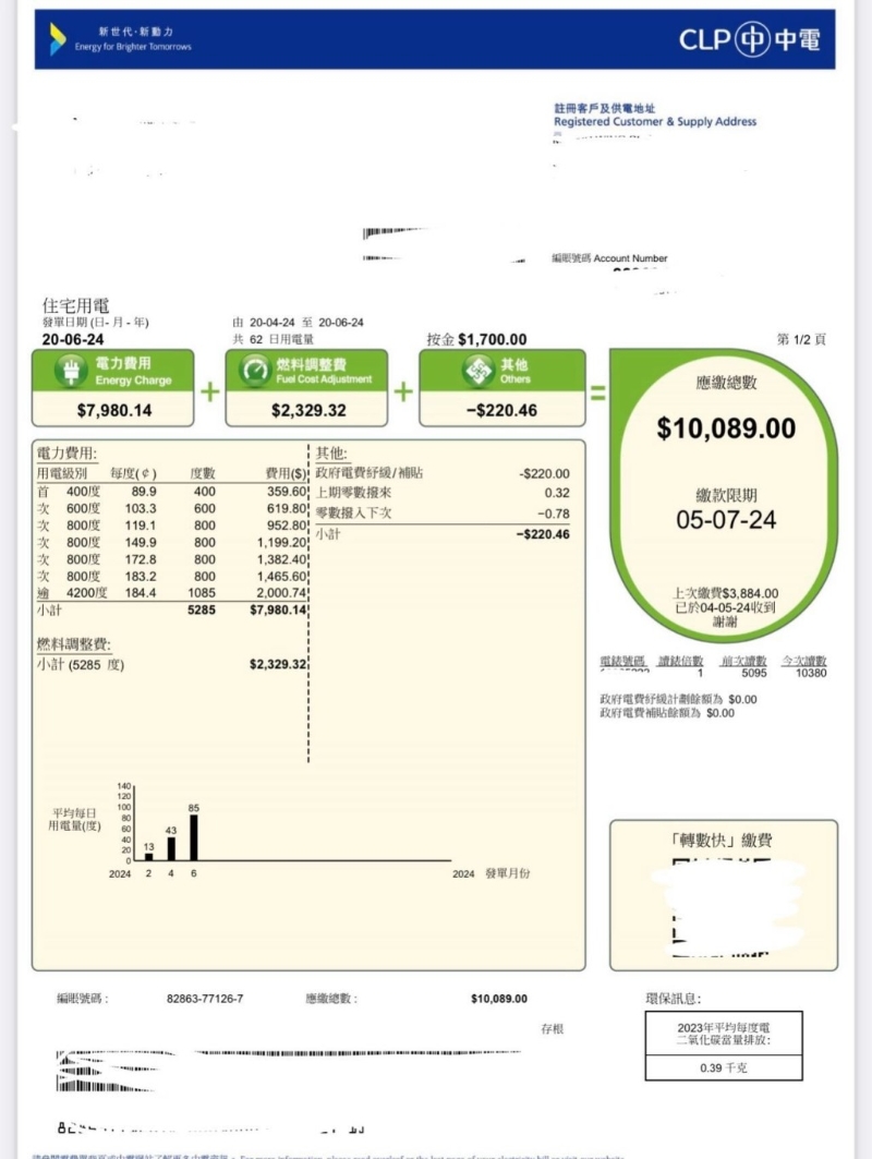 近日却有港人在社交平台称，因一原因自己于6月竟要付高达10K电费（10,000港元）