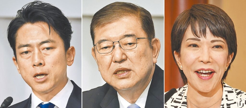 日本自民党27日将举行总裁选举，小泉进次郎（左起）、石破茂、高市早苗呈「三强鼎立」态势。（美联社）