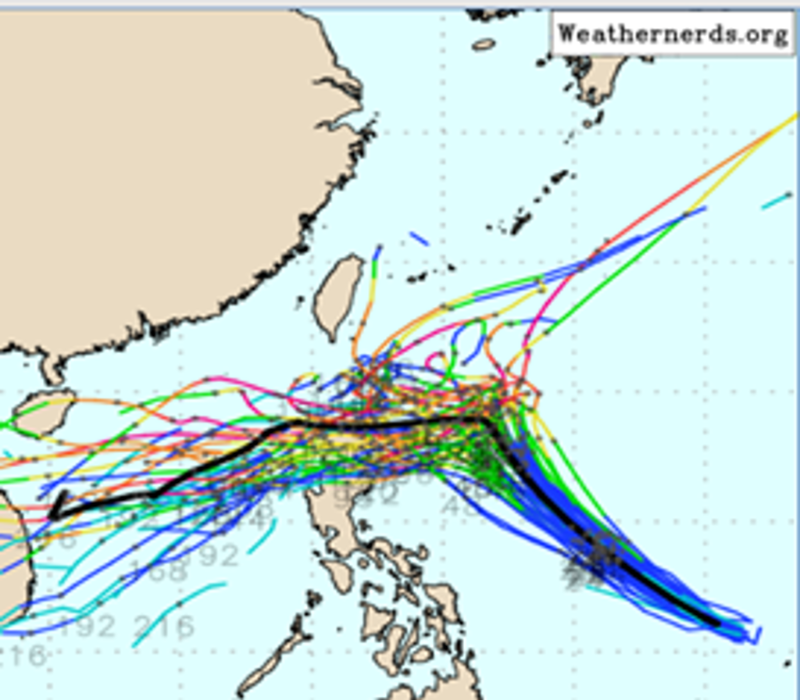 最新（3日20时欧洲（ECMWF）系集模式模拟显示，银杏3天后、个别模拟路径大致分成两股，主要一股转向西行，穿过吕宋岛附近、进入南海，另一小股则向东北回转；其系集平均路径(粗黑线)为通过吕宋岛北部、进入南海。（翻摄自泄天机教室）